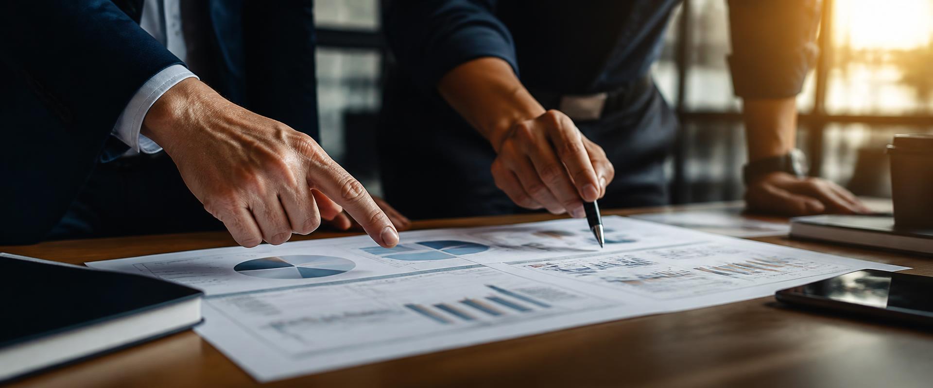 Practice leaders reviewing a printed financial dashboard