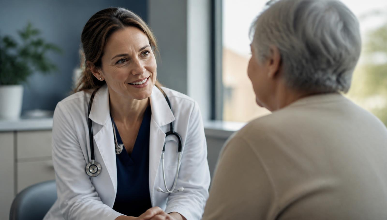 Physician in conversation with an older patient in an exam room